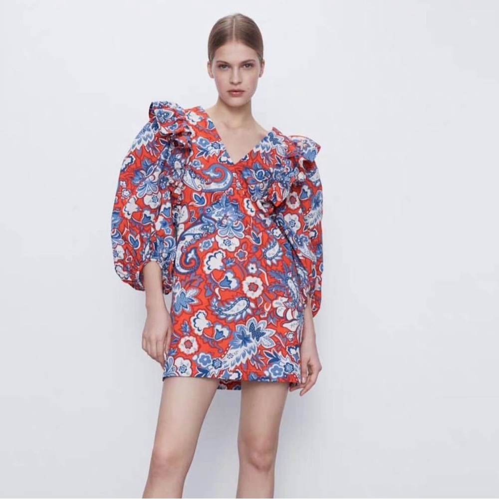 Zara Floral Red and Blue Ruffle Mini Dress